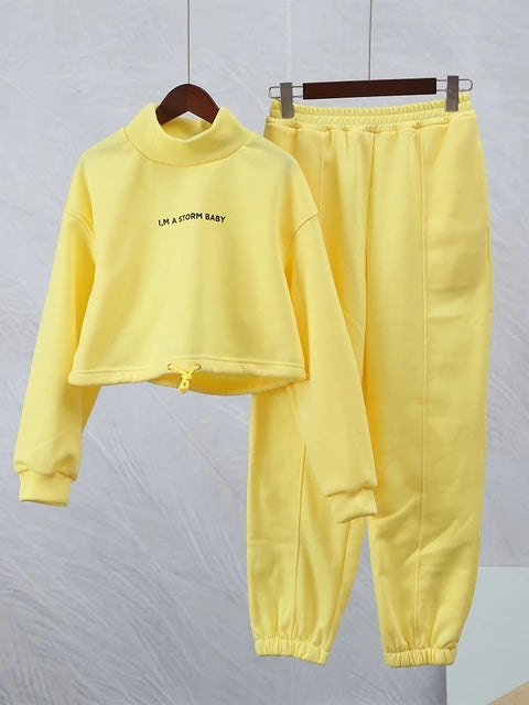 Chic Letter Print Women's Sweater Set Yellow XL