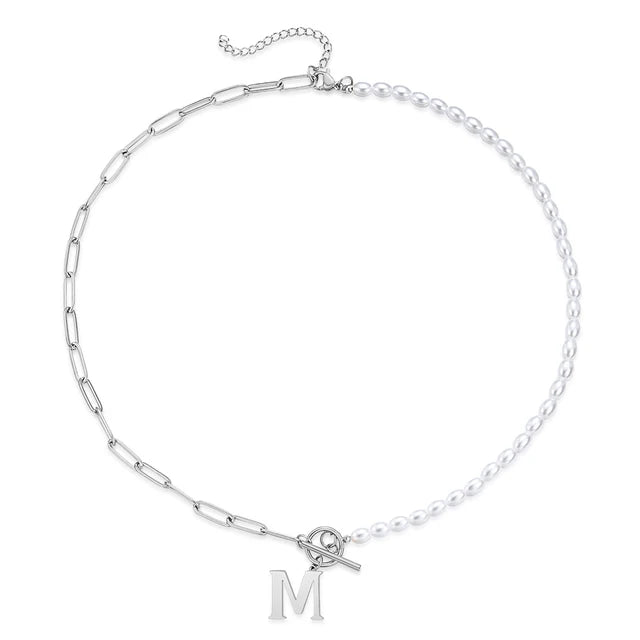 Half Pearl Half Paperclip Initial Necklace Silver M 45cm