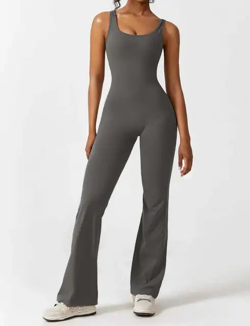 Women's Sports Style Hollow Back Bodysuit Yoga Jumpsuit Gray Small