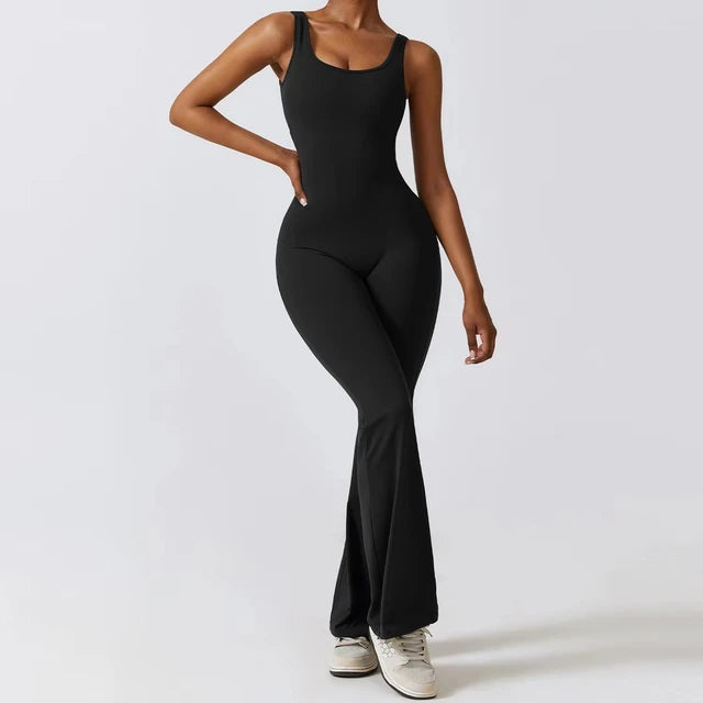 Women's Sports Style Hollow Back Bodysuit Yoga Jumpsuit Black Extra Large