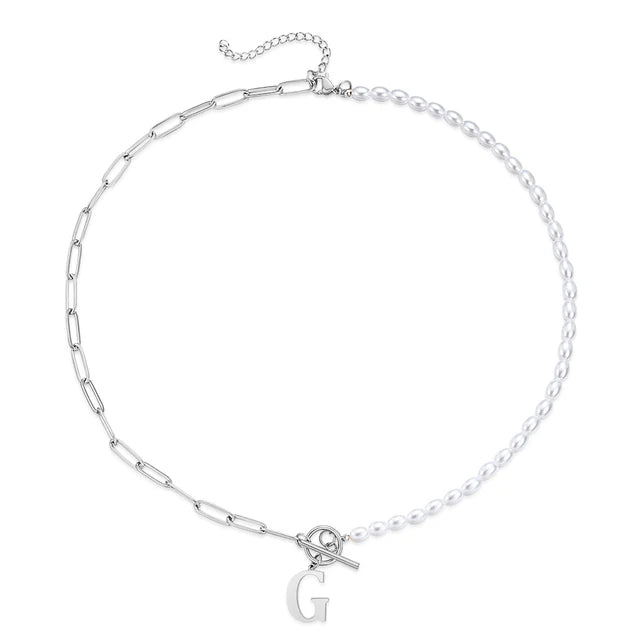 Half Pearl Half Paperclip Initial Necklace Silver G 45cm