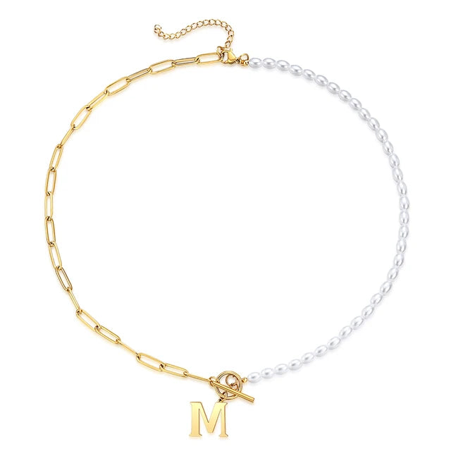 Half Pearl Half Paperclip Initial Necklace Gold M 45cm