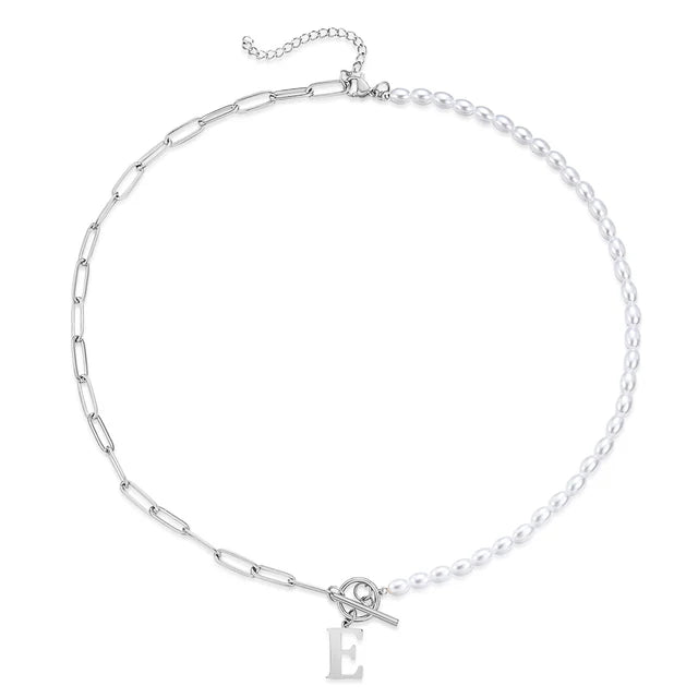 Half Pearl Half Paperclip Initial Necklace Silver E 45cm