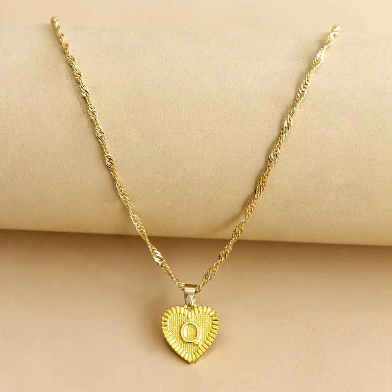 Initial Letter Heart Pendant Necklace Gold Q