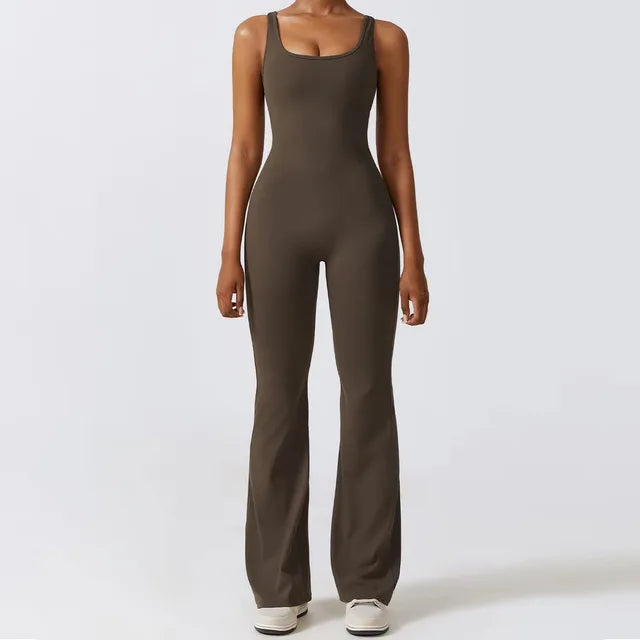 Women's Sports Style Hollow Back Bodysuit Yoga Jumpsuit Dark Brown Large