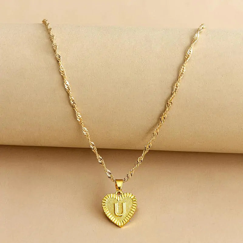 Initial Letter Heart Pendant Necklace Gold U