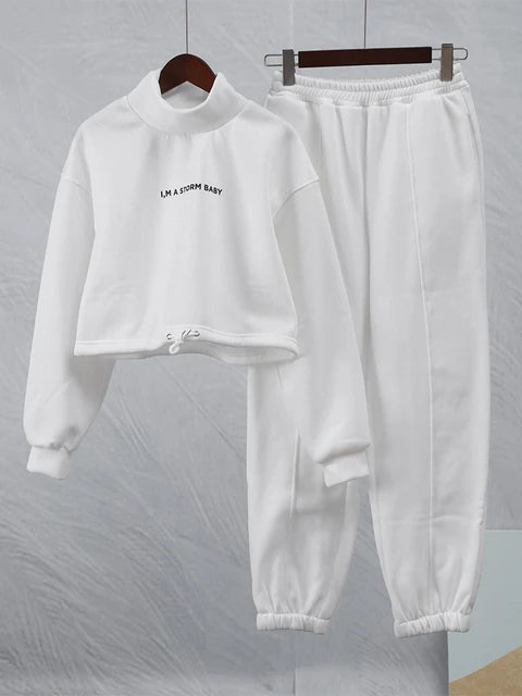 Chic Letter Print Women's Sweater Set White L