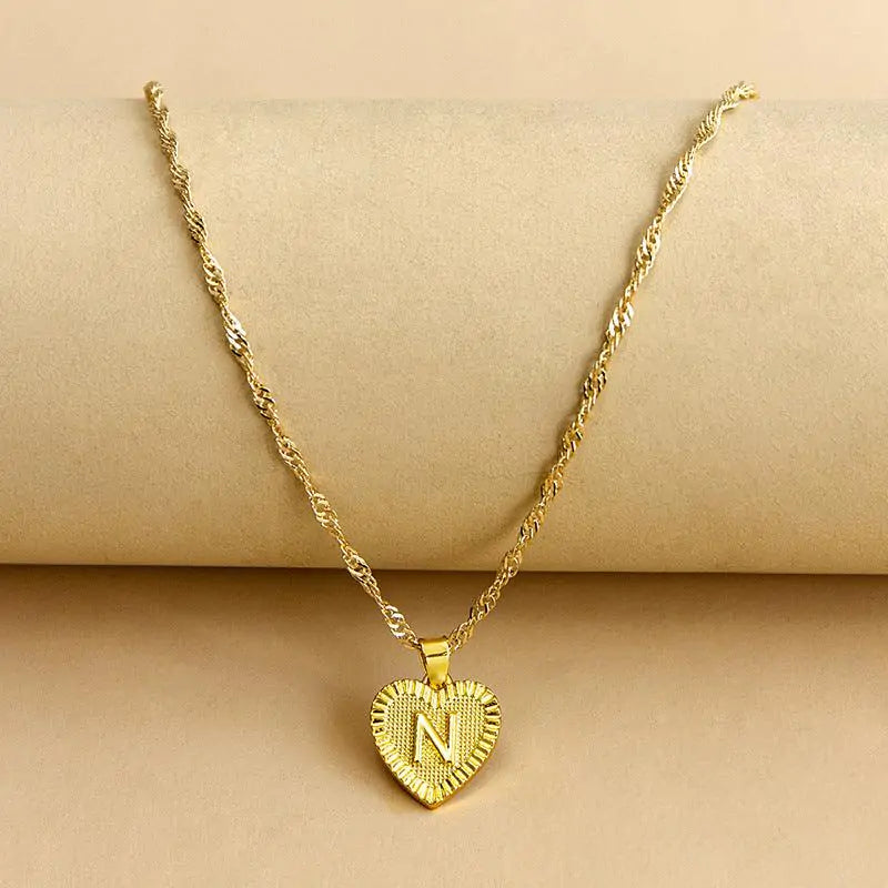 Initial Letter Heart Pendant Necklace Gold N