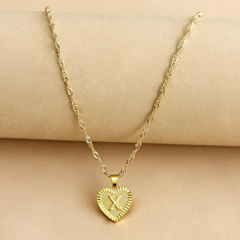 Initial Letter Heart Pendant Necklace Gold X