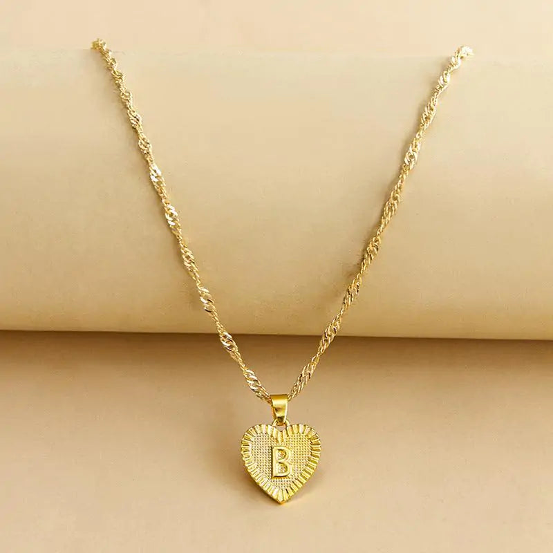 Initial Letter Heart Pendant Necklace Gold B