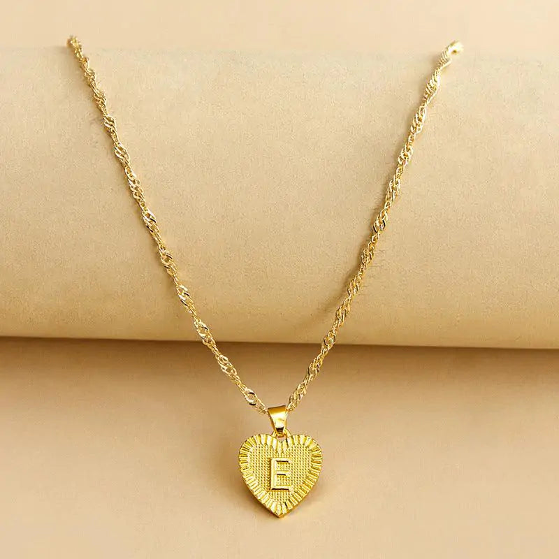Initial Letter Heart Pendant Necklace Gold E