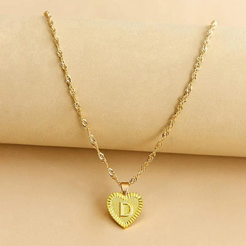 Initial Letter Heart Pendant Necklace Gold D