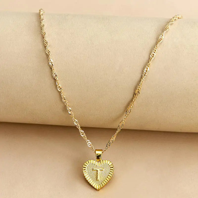 Initial Letter Heart Pendant Necklace Gold T
