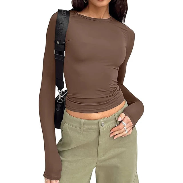 Women Long Sleeve T Shirt Spring Brown XS