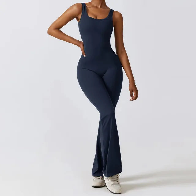 Women's Sports Style Hollow Back Bodysuit Yoga Jumpsuit Blue Large