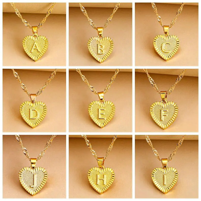 Initial Letter Heart Pendant Necklace Gold