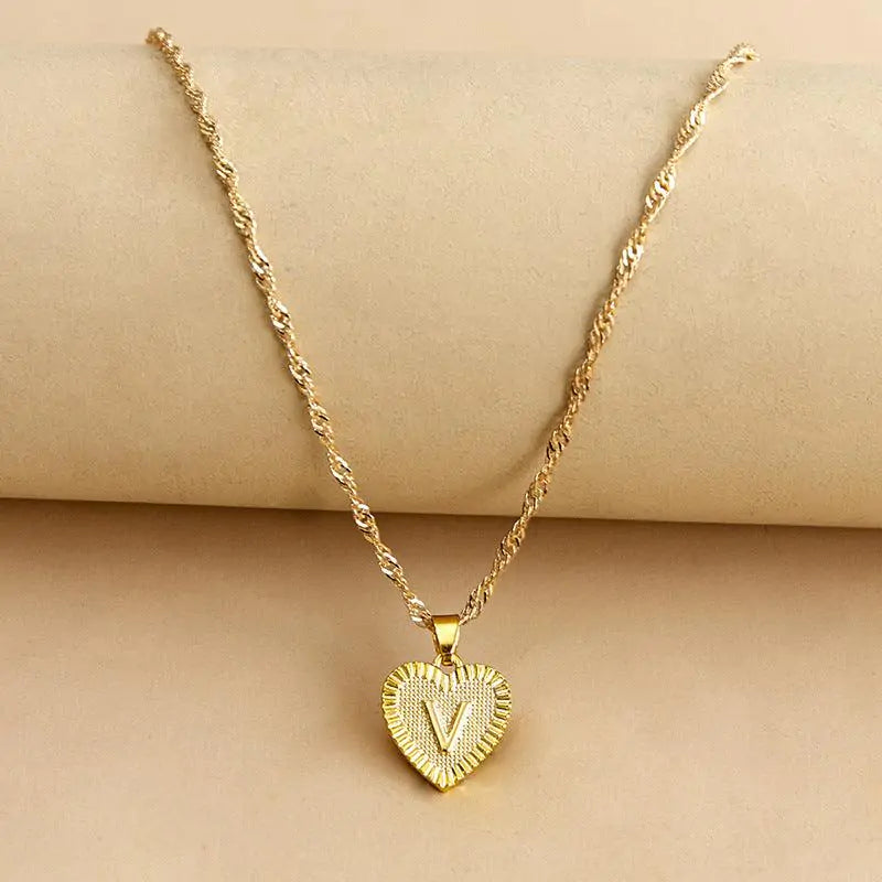 Initial Letter Heart Pendant Necklace Gold V