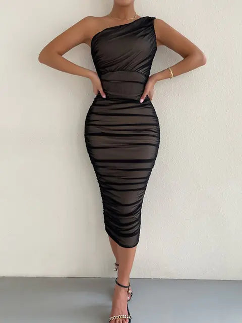 Mesh One-Shoulder Ruched Dress Black Large