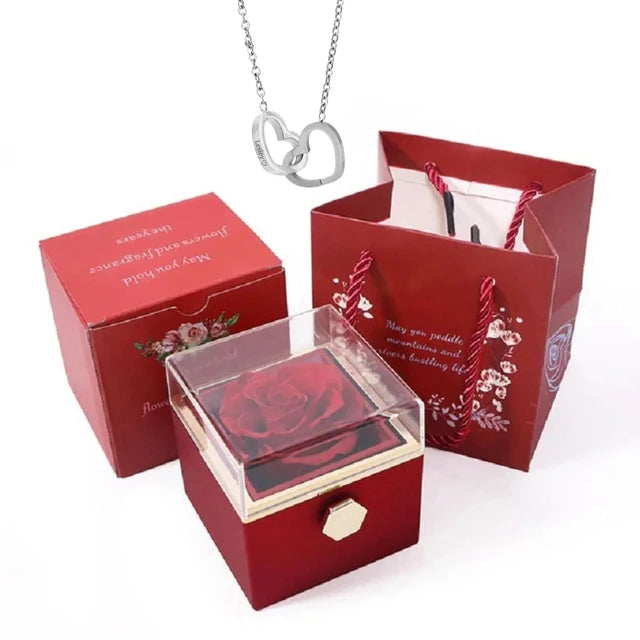 Rose Box-Engraved Heart Necklace Silver preserved rose box