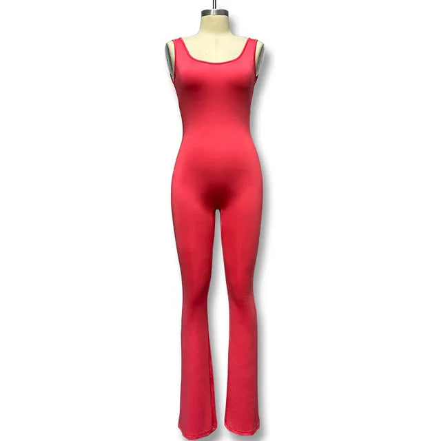 Women's Sports Style Hollow Back Bodysuit Yoga Jumpsuit Rose Red Small