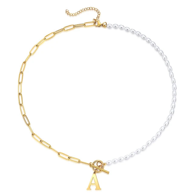 Half Pearl Half Paperclip Initial Necklace Gold A 45cm