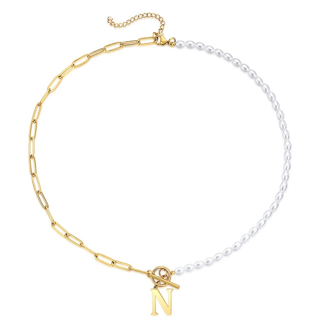 Half Pearl Half Paperclip Initial Necklace Gold N 45cm