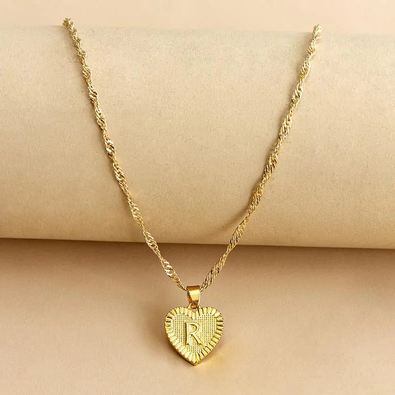 Initial Letter Heart Pendant Necklace Gold R