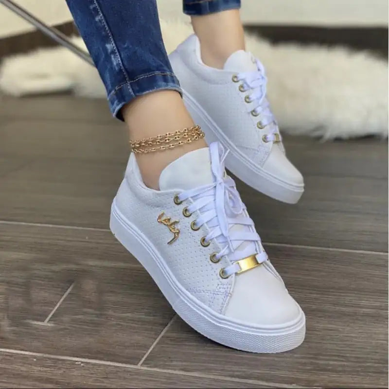 Women Flat Sneakers Breathable Lace-up Shoes For Girls White Size43
