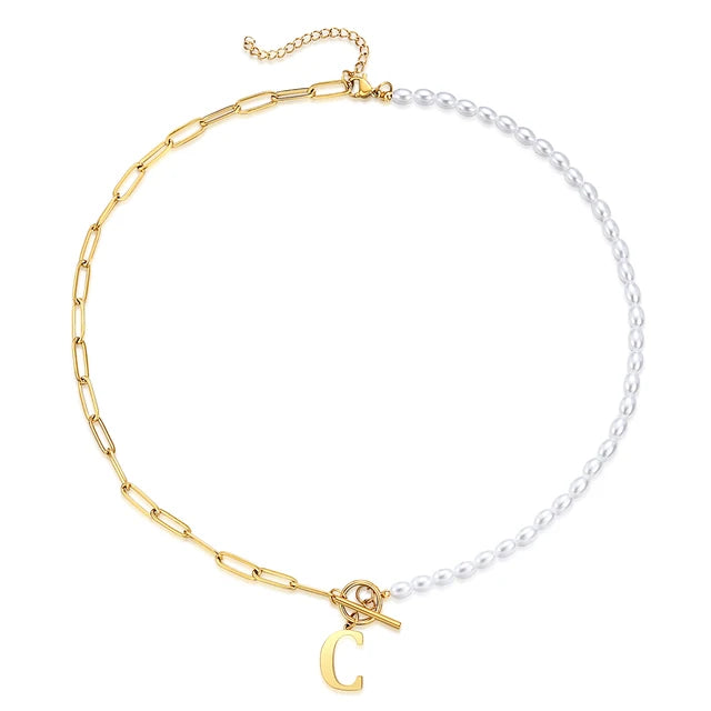 Half Pearl Half Paperclip Initial Necklace Gold C 45cm