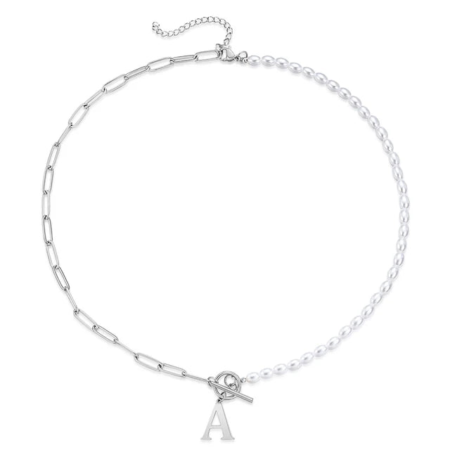 Half Pearl Half Paperclip Initial Necklace Silver A 45cm