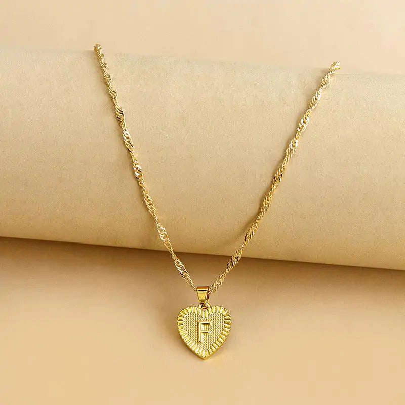 Initial Letter Heart Pendant Necklace Gold F