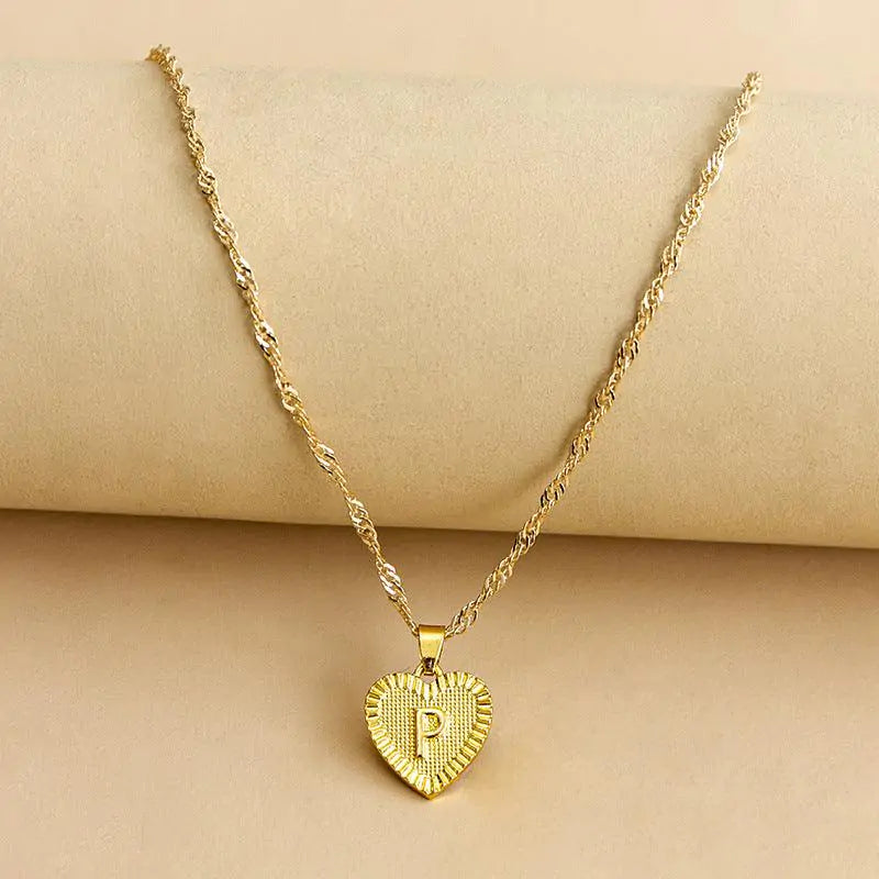 Initial Letter Heart Pendant Necklace Gold P
