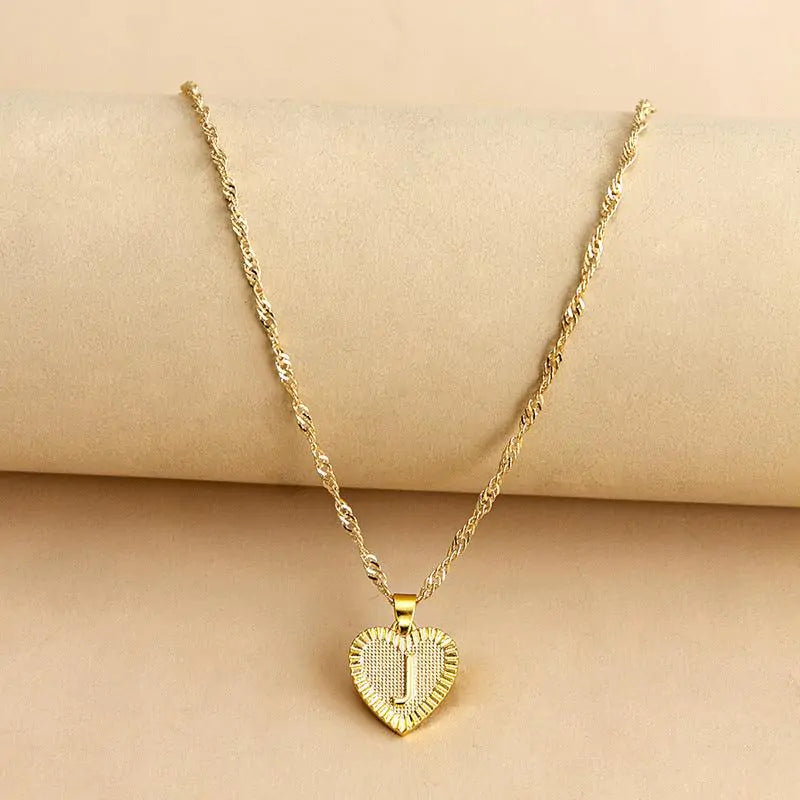 Initial Letter Heart Pendant Necklace Gold J