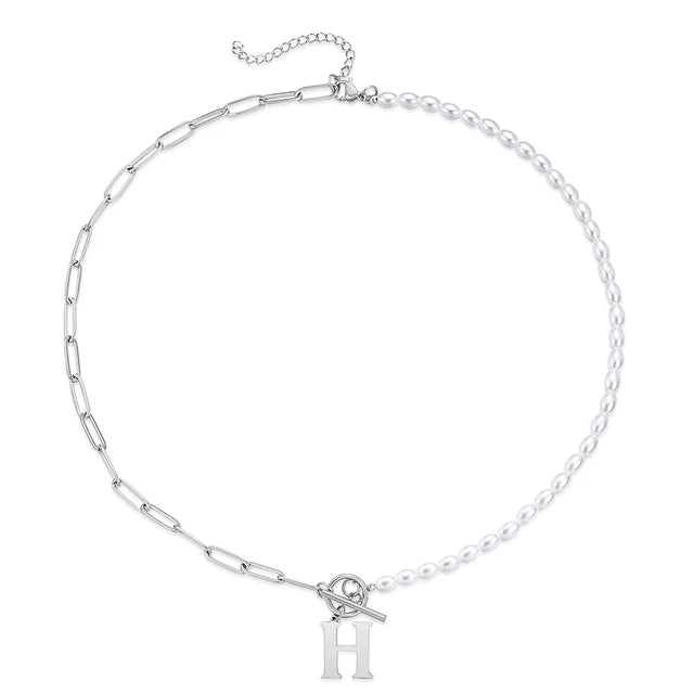 Half Pearl Half Paperclip Initial Necklace Silver H 45cm
