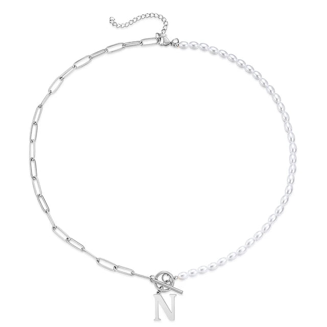 Half Pearl Half Paperclip Initial Necklace Silver N 45cm