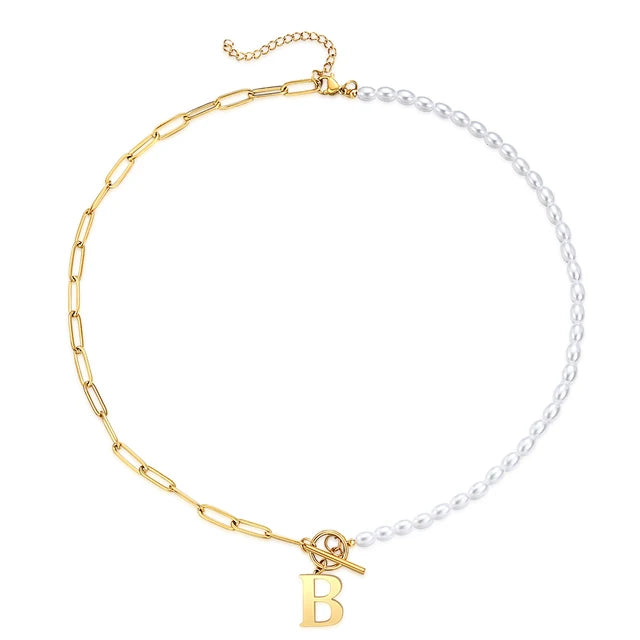 Half Pearl Half Paperclip Initial Necklace Gold B 45cm
