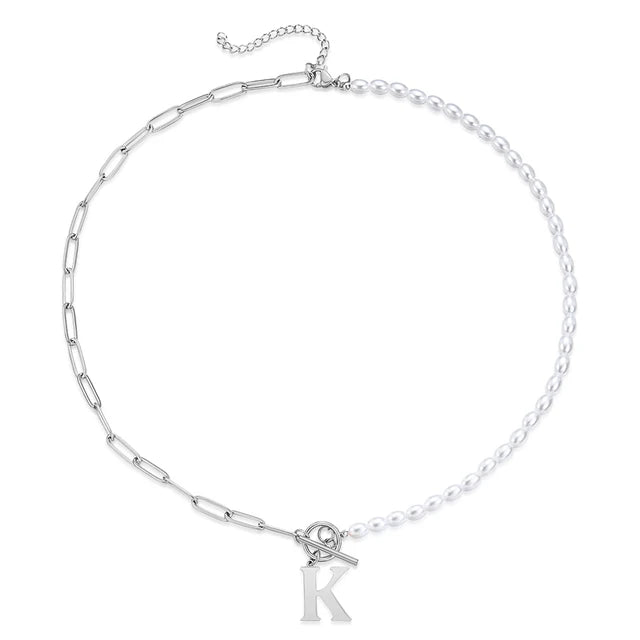 Half Pearl Half Paperclip Initial Necklace Silver K 45cm