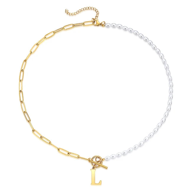 Half Pearl Half Paperclip Initial Necklace Gold L 45cm
