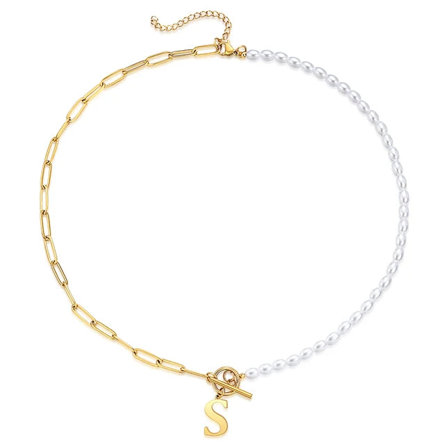 Half Pearl Half Paperclip Initial Necklace Gold S 45cm