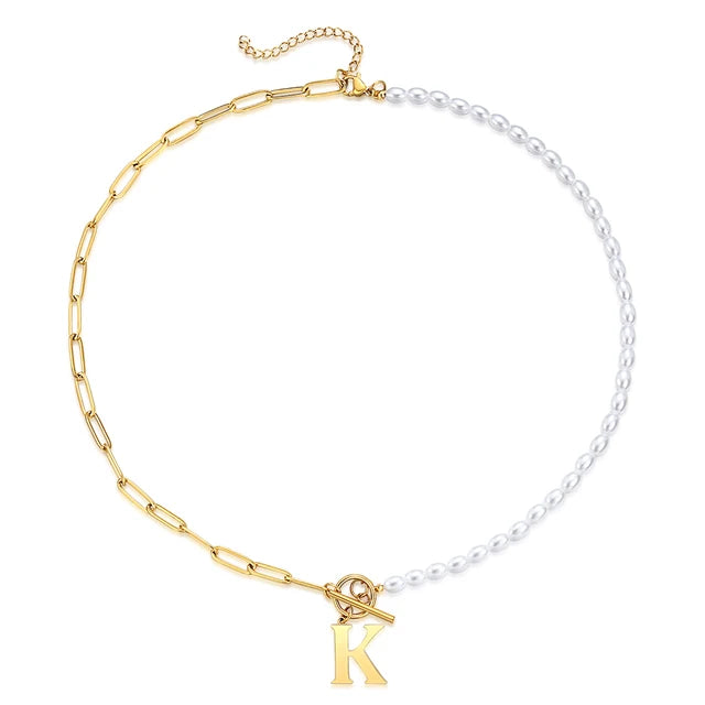 Half Pearl Half Paperclip Initial Necklace Gold K 45cm