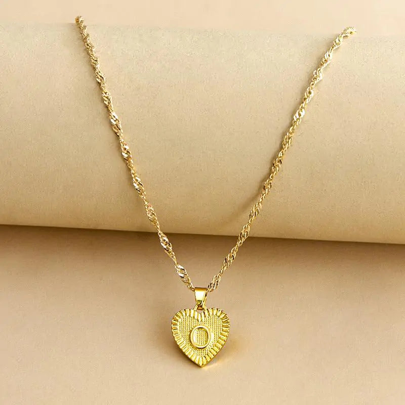 Initial Letter Heart Pendant Necklace Gold O